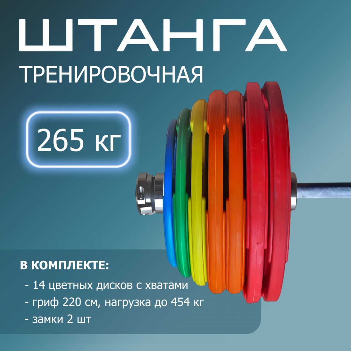 "Штанга тренировочная 265 кг в комплекте с обрезиненными цветными дисками" (Гриф 2200мм, Ø 50мм)